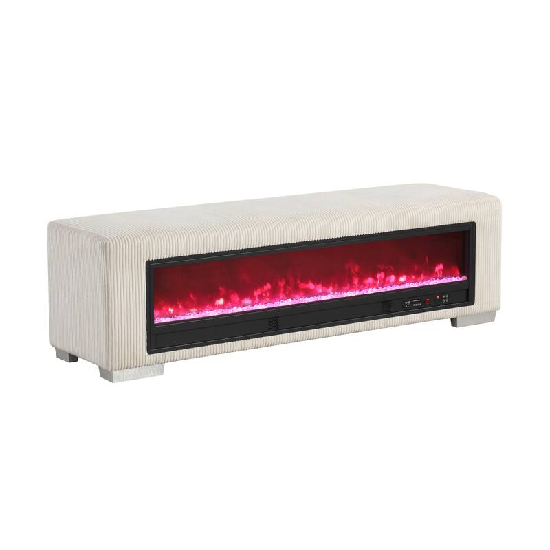 Furniture of America Goffney Chenille Bench with Fireplace Simulator and Bluetooth Audio