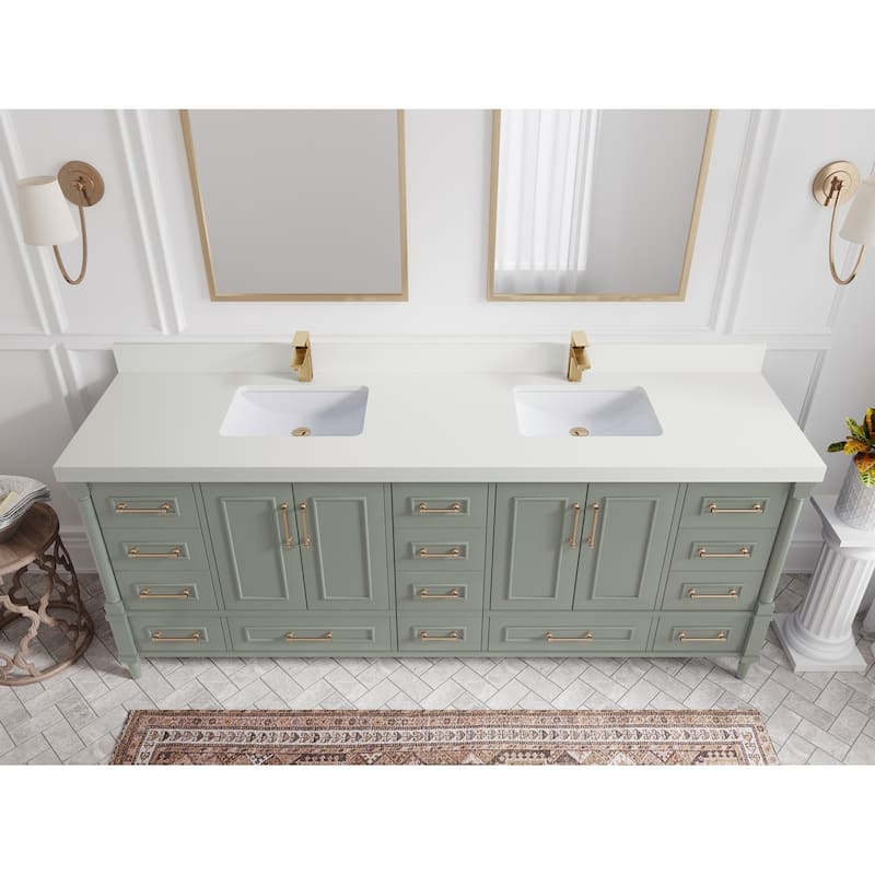 Willow Collections 84 in. W x 22 in. D Aberdeen Double Bowl Sink Bathroom Vanity with Countertop - 2" White Quartz - Evergreen