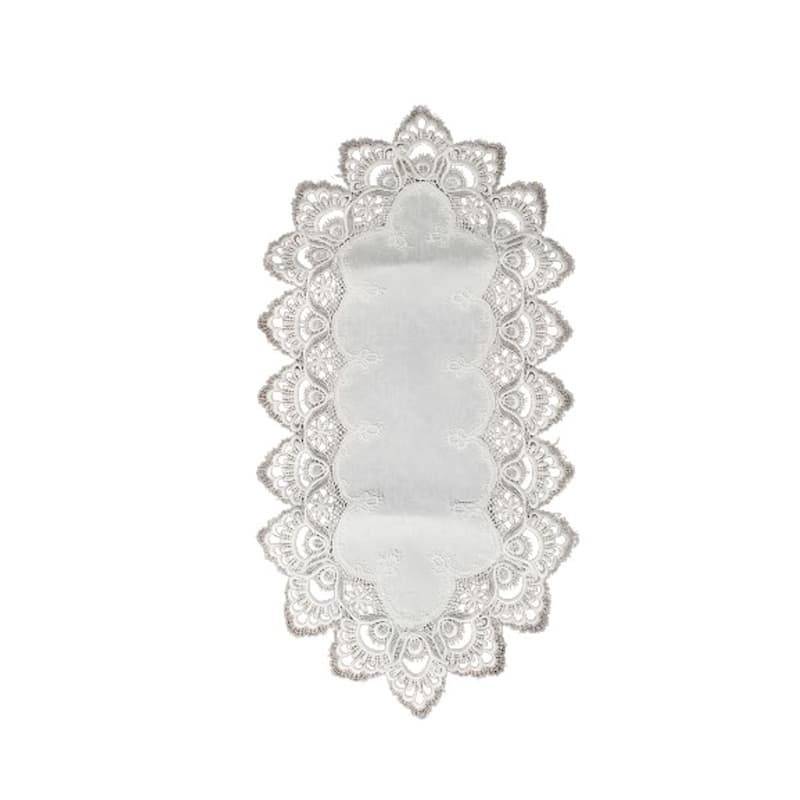 White Floral Lace Embroidered Cutwork Rectangular Table Runner, 14 by 27 inch Table Linen Decor, Water Resistance - 14 x 27"