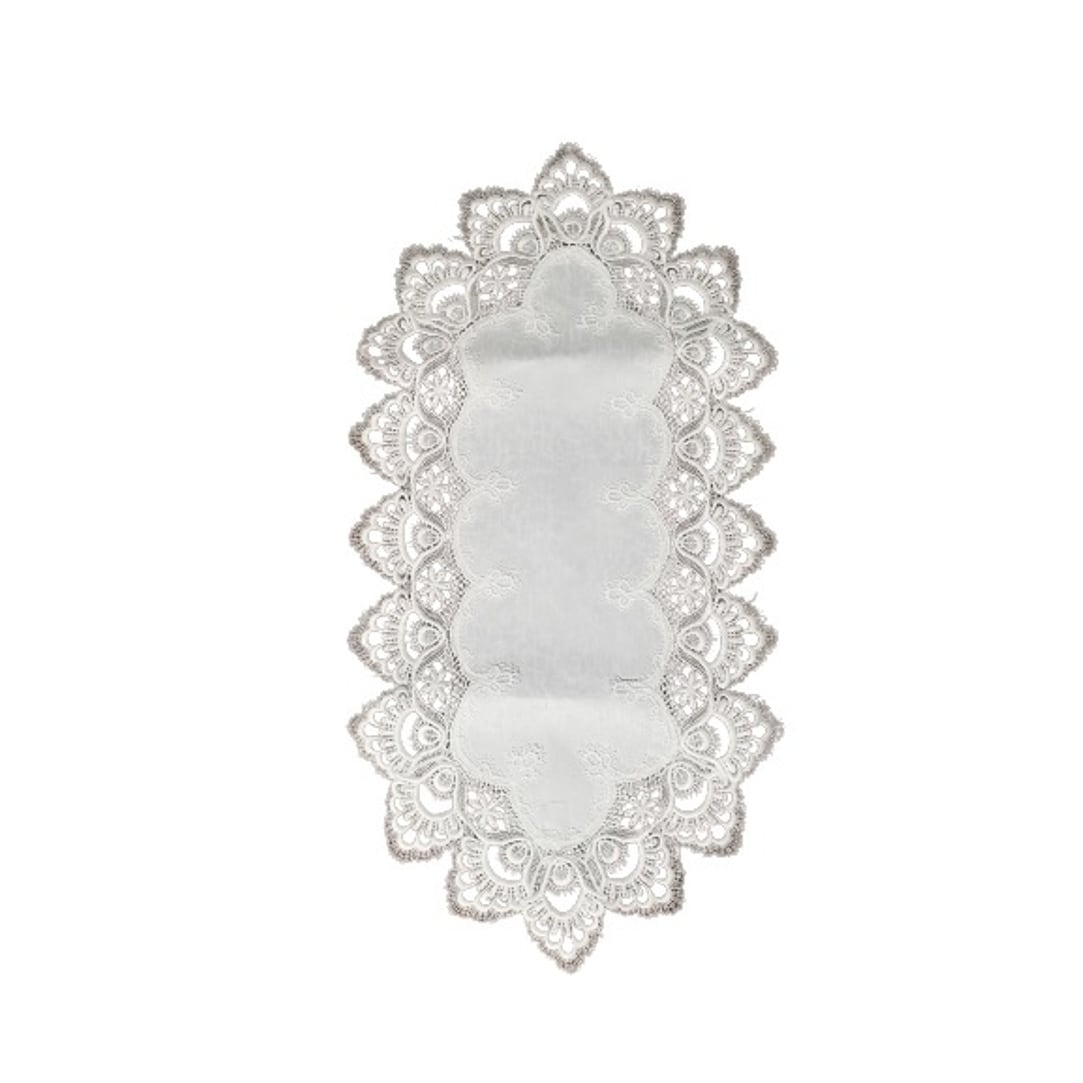 White Floral Lace Embroidered Cutwork Rectangular Table Runner, 14 by 27 inch Table Linen Decor, Water Resistance - 14 x 27"