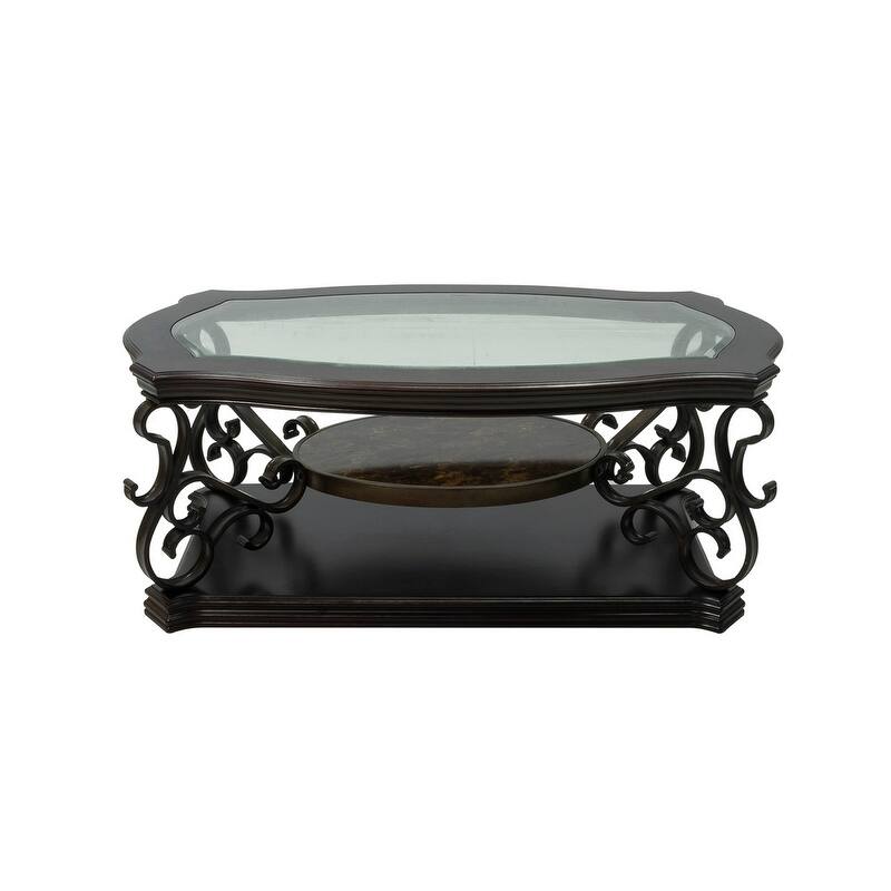 Elegant 52" Traditional Cocktail Table with Beveled Glass Top and Marble Paper Shelf