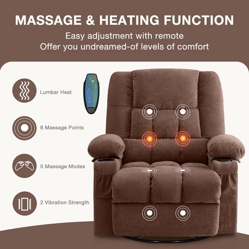 Swivel Rocker Recliner Chair with Vibration Massage, Ergonomic Chair with Side Pocket, 2 Cup Holders, USB Charge Port