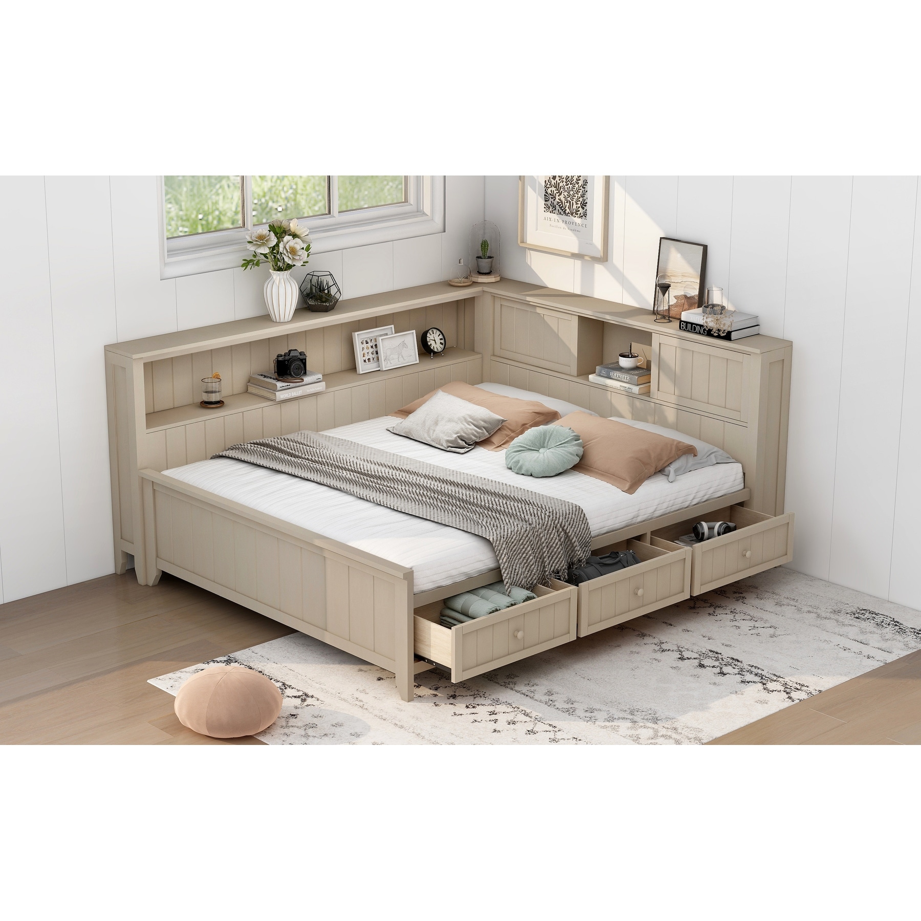 Full Size Wood Daybed with Storage Shelves and 3 Drawers