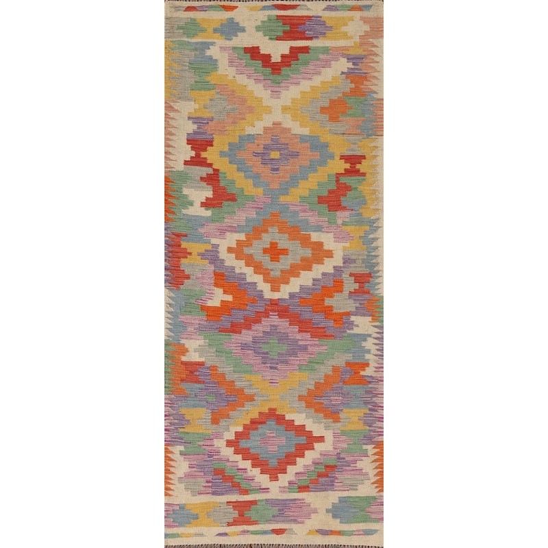 Hand Woven Oriental 100% Wool Carpet Southwestern Geometric Multi-Colored Kilim Runner Rug - 7' 10'' X 2' 9''