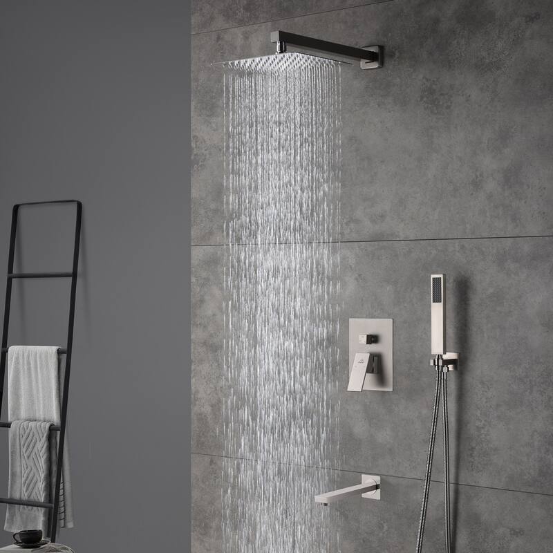 3 Function 10" Wall Mounted Dual Shower Heads Shower System With Tub Spout - brushed nickel