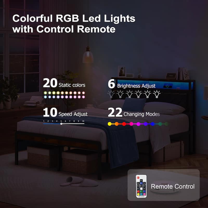 Full Size Metal Bed Frame with Adjustable Upholstered Headboard, RGB LED Lights, Charging Station, Noiseless, Black & Brown