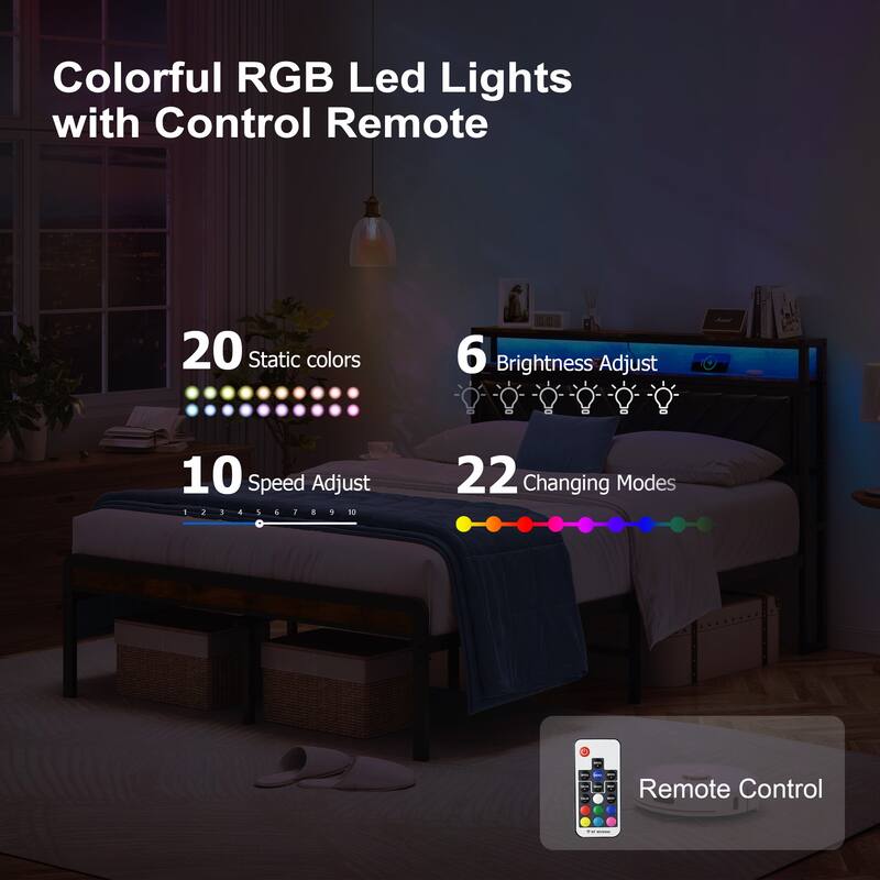 Full Size Metal Platform Bed Frame with Adjustable Upholstered Headboard, Charging Station, LED Lights, Noiseless