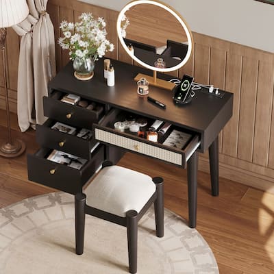 Vanity Set with Rattan Drawers, USB Ports & Stool