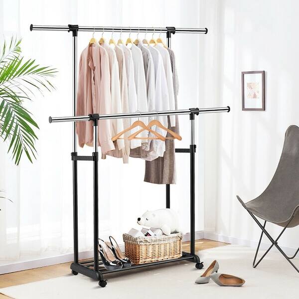 Shop Gymax Double Rail Clothes Rack On Wheels Adjustable Clothing