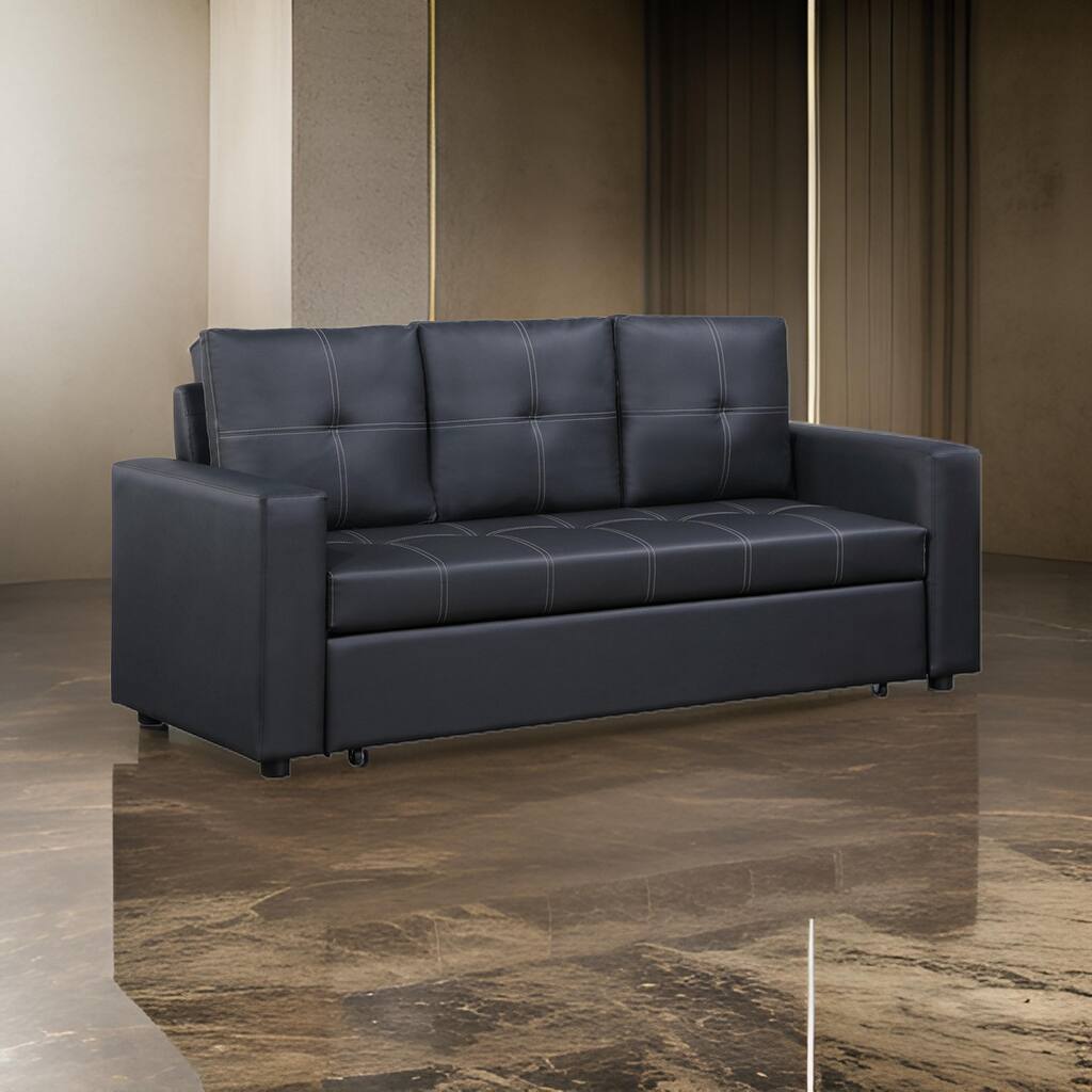 Ian 73 Inch Sleeper Sofa, Tufted Seats, Black Faux Leather, Solid Wood