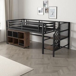 Twin Size Metal Low Loft Bed with Stairs, Storage Cubby and Full-Length ...