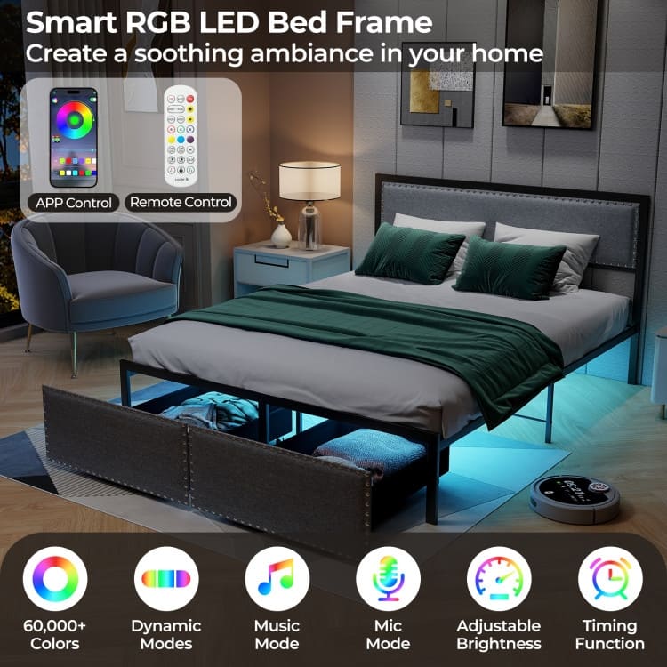 Full/Queen/Twin Size Bed Frame with LED Lights Drawer and Metal Slats