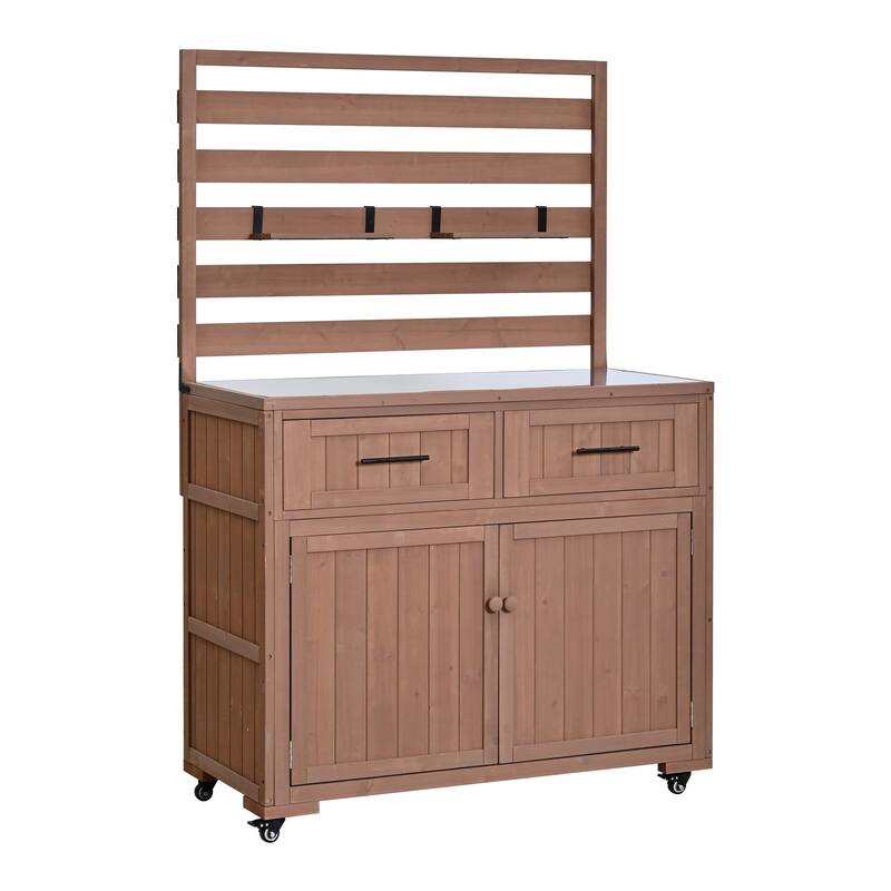 Solid Wood 64.9''Tall Outdoor Kitchen Island Kitchen Cart, Garden Potting Bench with Stainless Table Top for BBQ