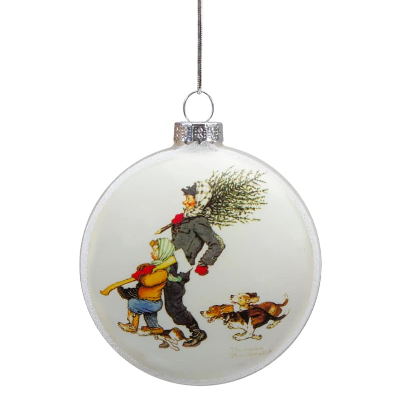 3" Norman Rockwell 'Bringing Home The Tree' Glass Christmas Ornament