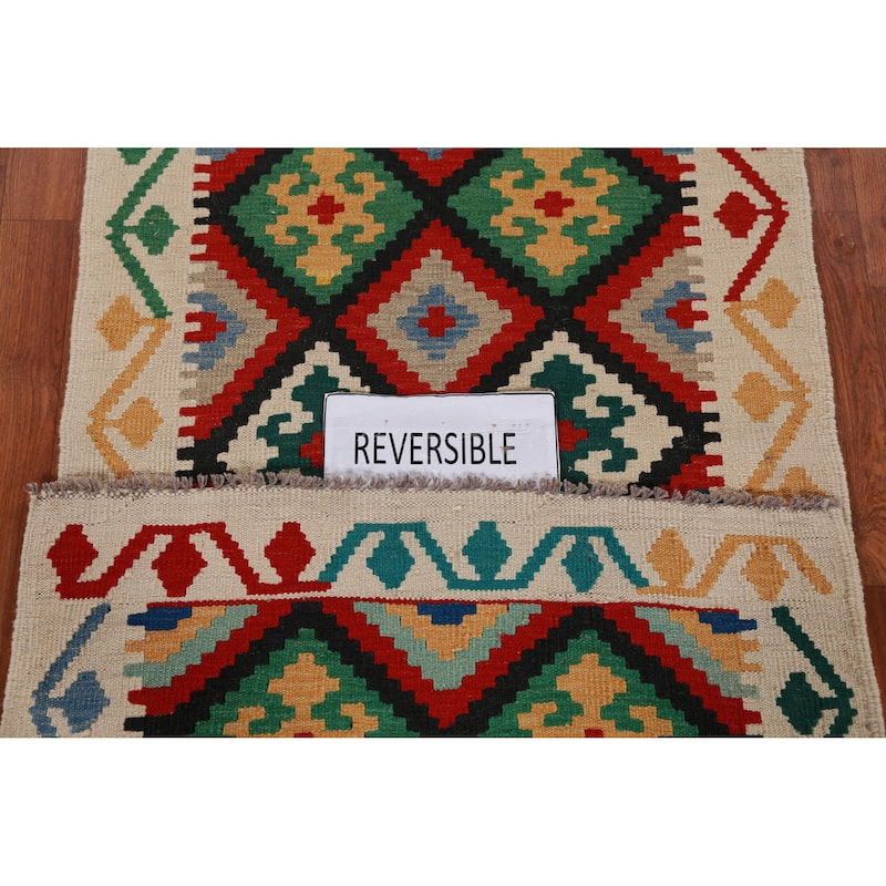 Hand Woven Oriental 100% Wool Carpet Southwestern Geometric Multi-Colored Kilim Runner Rug - 13' 2'' X 2' 9''