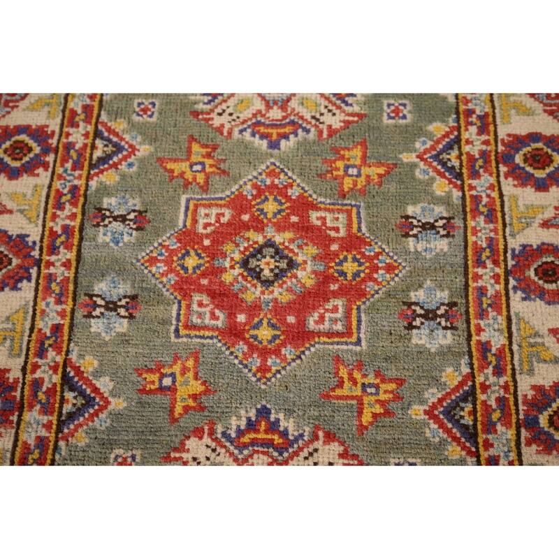 Geometric Kazak Foyer Rug Hand-Knotted Green Wool Carpet - 2'0" x 2'10"