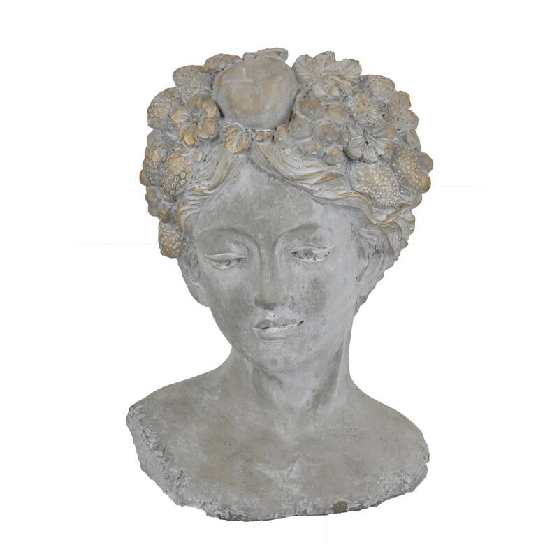 Farah Bust Statuette Planter, Floral Details, Gray Terracotta 13 Inch