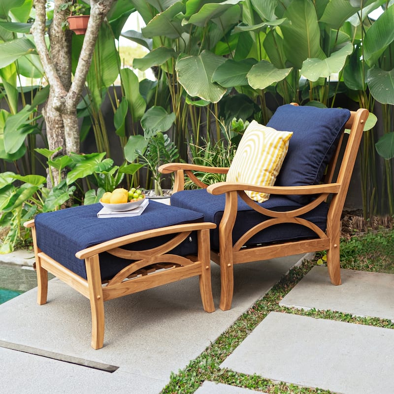 Cambridge Casual Lowell Teak Patio Club Chair with Ottoman - Natural Teak/Navy Cushion