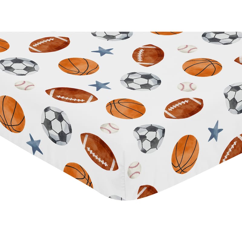 Sweet Jojo Designs Sports Theme Boy Fitted Crib Sheet Watercolor Vintage Soccer Balls Football Baseball Basketball Blue Stars