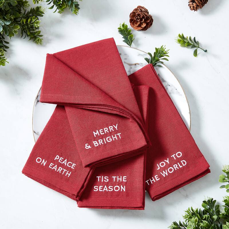 Joyful Sentiment Christmas/Holiday Embroidered Napkins, Set of 4 - 17x17 - Cranberry