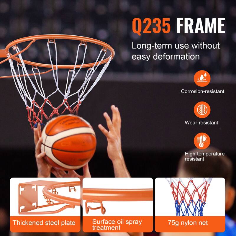 Basketball Rim, Wall Door Mounted Basketball Hoop, Heavy Duty Q235 Basketball Flex Rim Goal Replacement with Net