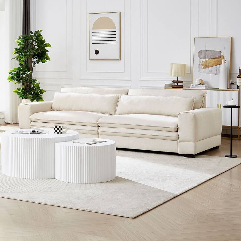 104 in Mid-Century Modern Fabric Sofa, Upholstered Sofa Couch with 2 Pillows, Solid Wood Legs