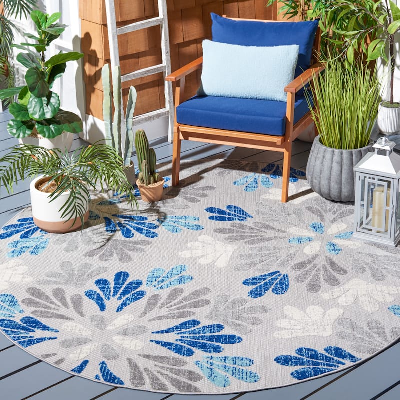 SAFAVIEH Cabana Diellza Indoor/ Outdoor Waterproof Patio Floral Rug - 6'7" Round - Grey/Blue