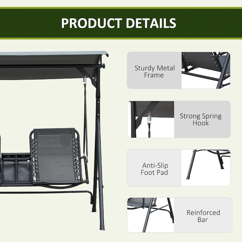 Steel 2-Seat Patio Swing with Canopy, Cup Holders and Storage Table (528lb Capacity)