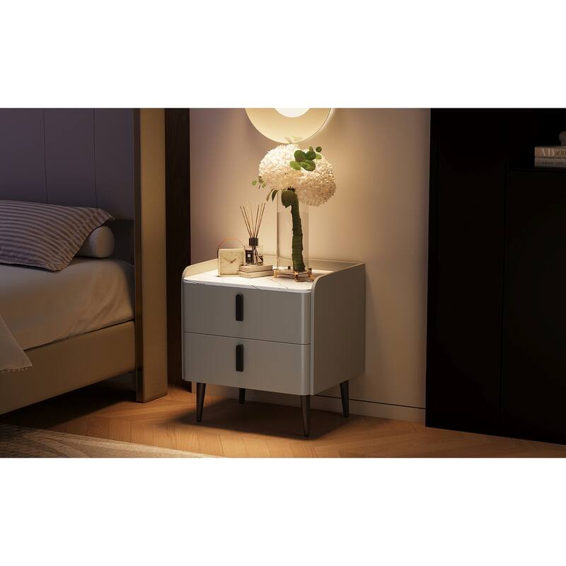 Modern 2-Drawer Nightstand with Marble-Pattern Top - Bedside/End Table for Bedroom/Living Room (Gray)