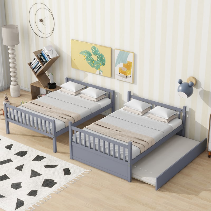 Convertible Full Over Full Rubber Wood Bunk Bed with Trundle, Ladder and Guardrails