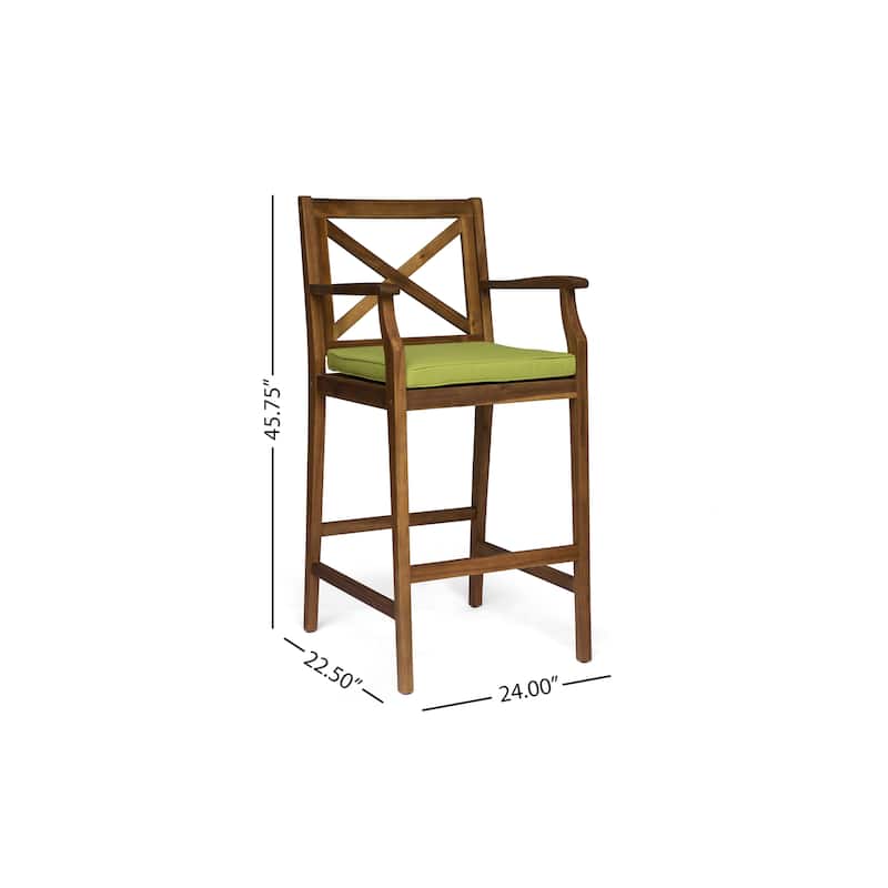 Roomfitters 2-Piece Outdoor Acacia Wood Bar Stools with Armrests and Cushions, X-Back Patio High Dining Chairs