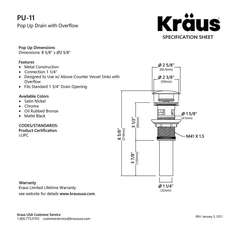 KRAUS Pop-Up Drain w Overflow, Bathroom Sink, Chrome, Nickel