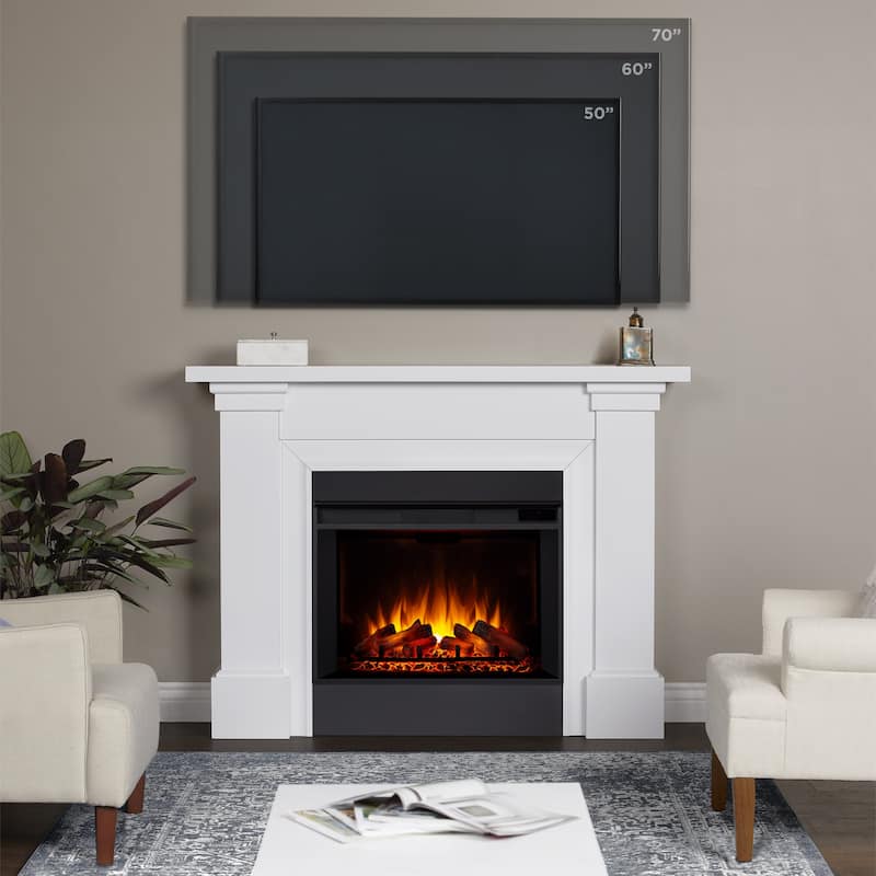 Manus 64" Grand Electric Fireplace in White by Real Flame - 64" L x 15.5" W x 47.75" H
