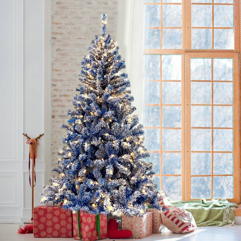 6FT Artificial Fir Christmas Tree with 300 LED Lights and Snow Flocked Branches - Blue