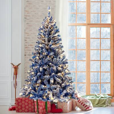 6FT Pre-Lit Hinged Artificial Fir Chritmas Tree, Xmas Tree Snow Flocked Artificial Holiday Christmas Tree
