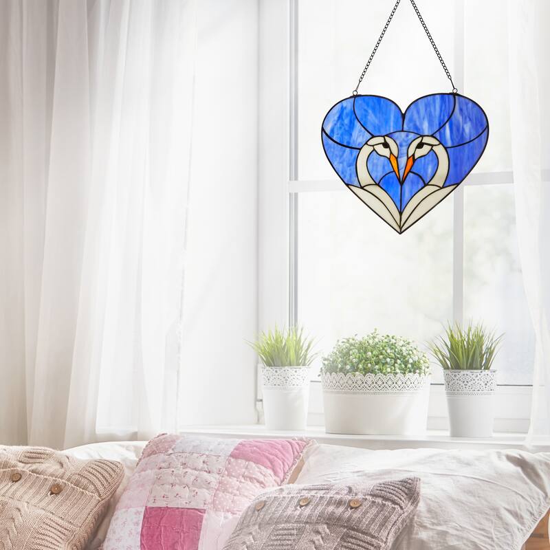Loving Swans Blue, White and Red River of Goods Stained Glass Window Panel - 15.5" x 0.25" x 12"