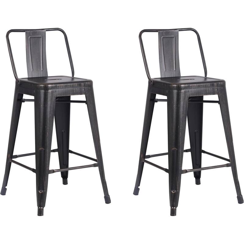 Industrial Metal Bar Stools Set of 2 Bucket Back 4 Leg Design 24in Seat Distressed - Black