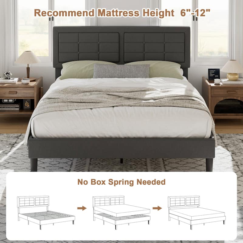 Javlergo Modern Upholstered Platform Bed Frame with Height Adjustable Tufted Headboard