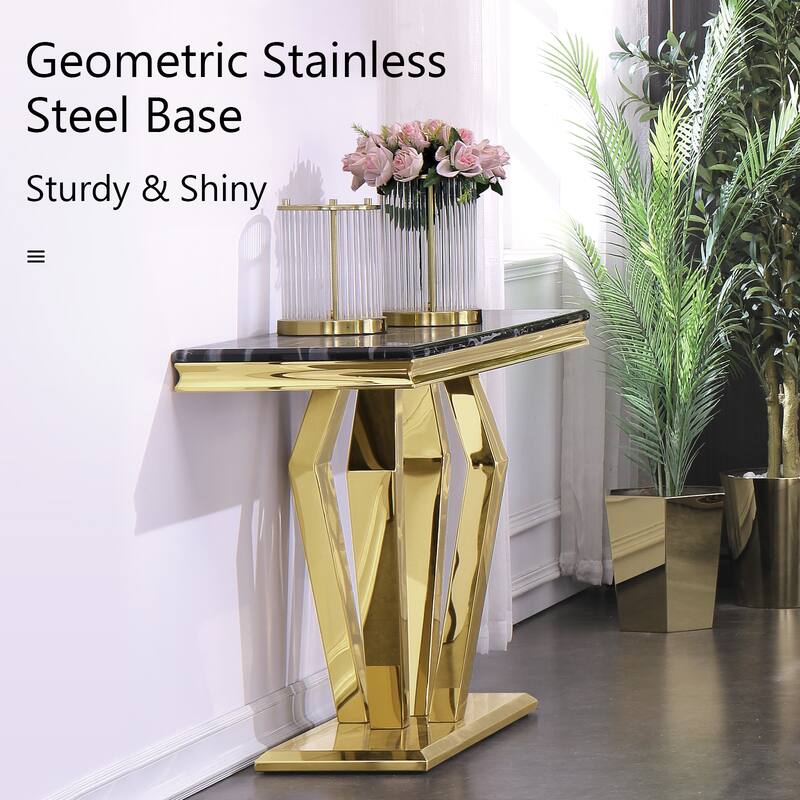 Luxury Rectangular Sofa Console Table Modern Living Room Entryway Table with Mirrored Gold Geometric Base