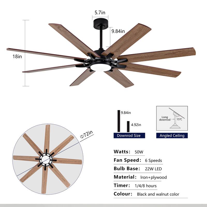 72" 8-blade Dual Finish Ceiling Fan w/ Remote Control, 6-speed Quiet DC