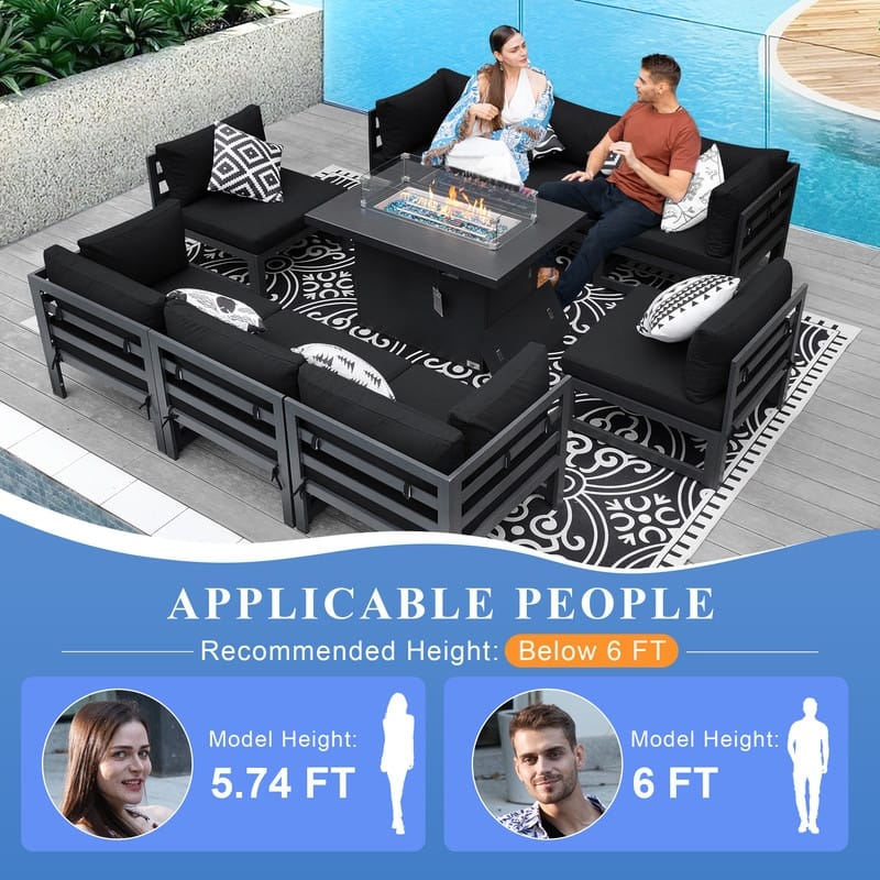 FINCATI 9 Piece Extra-large Outdoor Furniture Aluminum Patio Set with Propane/Natural Gas Firepit Table
