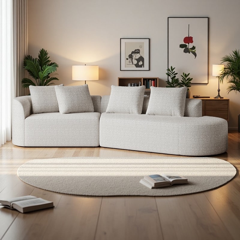 112" Chenille Curved Sectional Sofa with 4 Throw Pillows, Extra Deep Seating and No Assembly Required