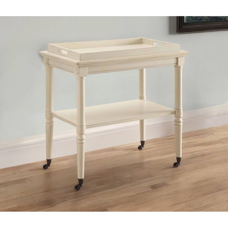 HomeRoots 30" Antiqued White Wood Rolling Bar Cart - 30" W x 18" D x 32" H
