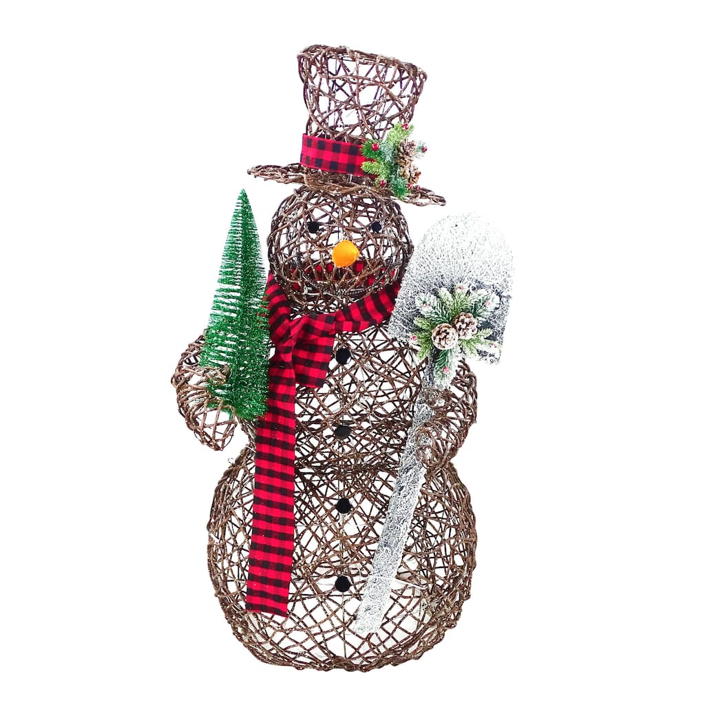 Alpine Corporation CHT922 47" Rattan Snowman with Shovel & Scarf Decor, 60 Warm White LED Lights, Outdoor Holiday Decoration