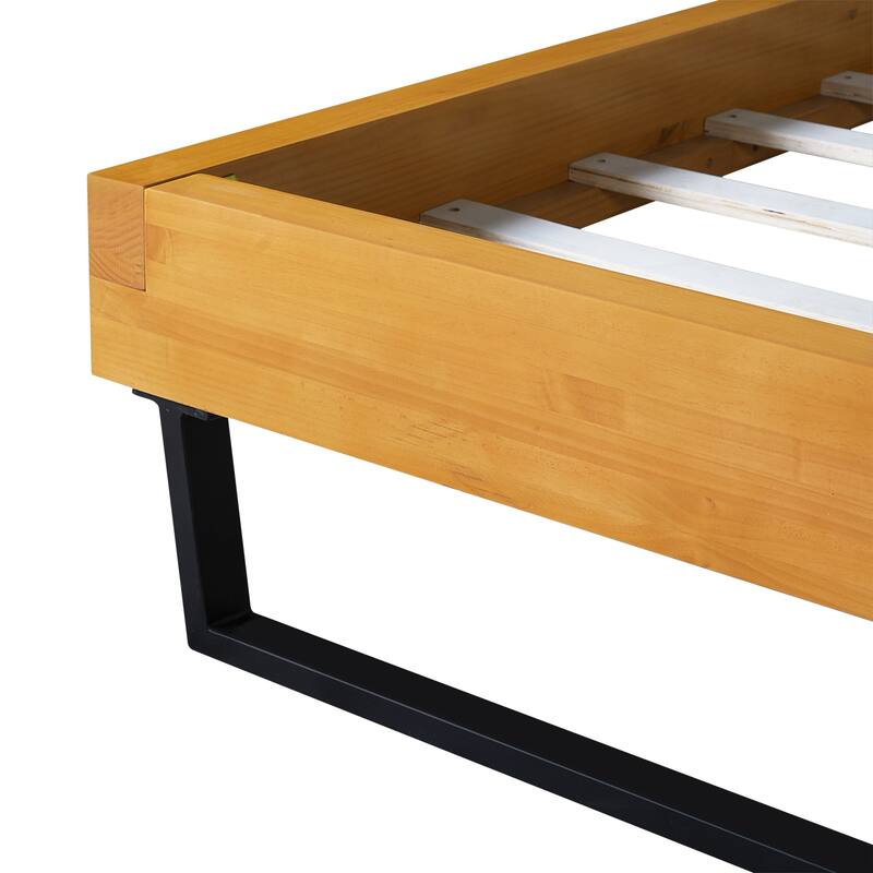 Natural Pine Wood Low-Profile Platform Bed Black Iron Supports Frame Bed with Wood Slat and Center Legs Support, Headboard