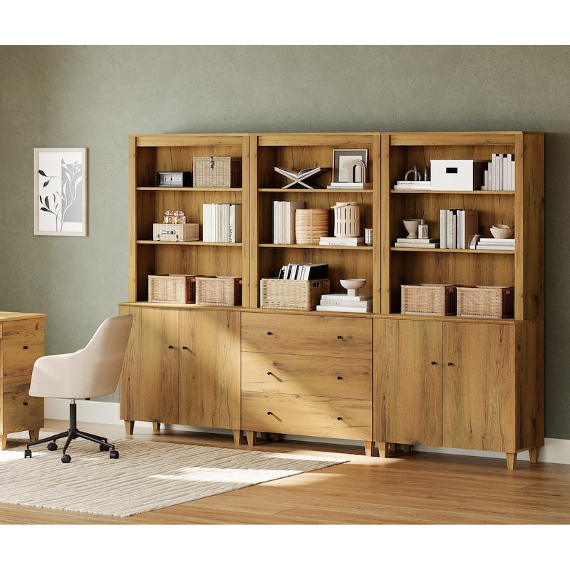 WAMPAT 71" Tall Bookshelf Set of 3, 5-Tier Modern Bookcase with 2 Cabinets and 3 Drawers for Living Room
