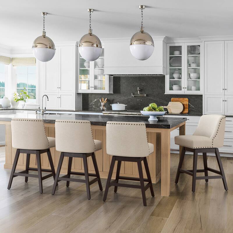 Modern 26 in. H Counter Height Bar Stools Upholstered 360 Free Swivel Counter Stools with Nailhead Trim - Set of 4 - Linen