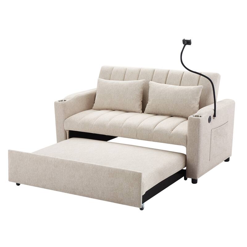55.9" Convertible Sofa Bed Loveseat with USB Ports, Side Pockets, Cup Holders and Phone Holder, Beige