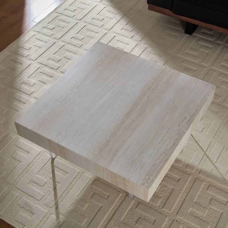 Square Faux Travertine Pattern Coffee Table for Living Room,Modern Design Coffee Table with Acrylic Legs for Office,Apartment