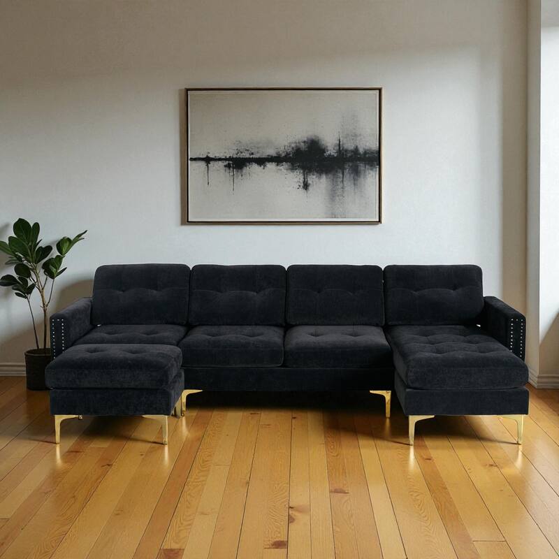 110.6" L-Shaped Convertible Velvet Sectional Sofa with Movable Ottoman and Storage Pockets for Living Room - Black
